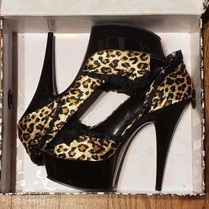 Pleaser Leopard Pinup Platform Peeptoe Stiletto Heels with Ruffles